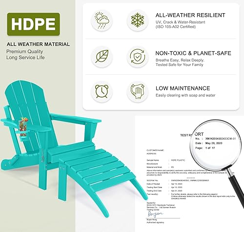 Miniatura 4 de Silla Adirondack con reposapiés, silla plegable para exteriores con otomana y soporte para tazas, sillas resistentes a la intemperie para fogata