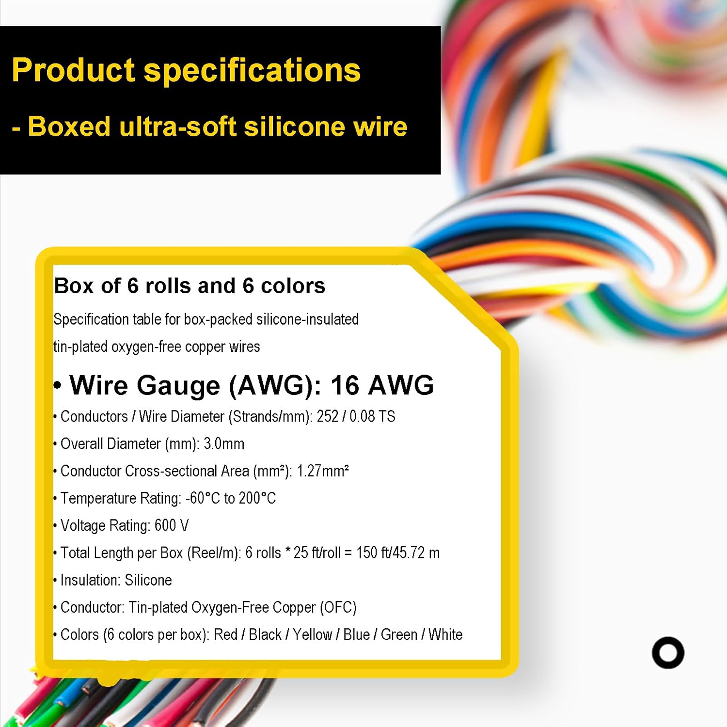 150Ft 16 Gauge Wire 6 Colors Electrical Wires 16AWG 600V Tinned Copper Silicone Wires Electric Stranded Hook Up DIY Wires Kit Insulated for Flexibility & Durability Ideal for Elec Wiring Proj