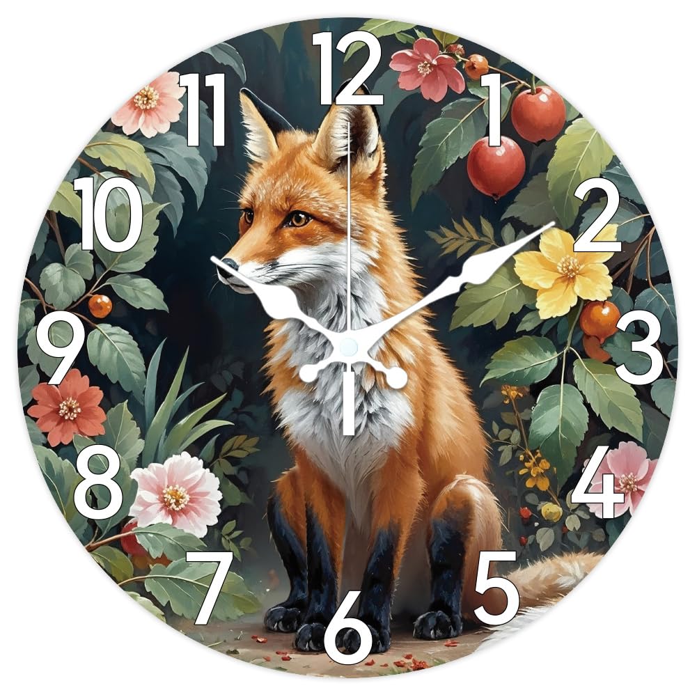 CHGCRAFT Fox Pattern Wall Clock 12 Inch Non-Ticking Flowers Pattern Clocks Round Wall Hanging Clock Battery Operated for Bedroom Living Room Kitchen Office
