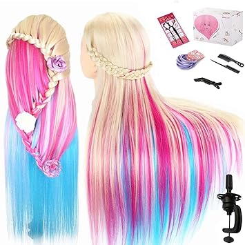 Beauty Star 29 Inch Colorful Mannequin Head with 100% Syntheic Hair Professional Bride Hairdressing Cosmetology Doll Head Training Head Free Stand holder + Practice Tools