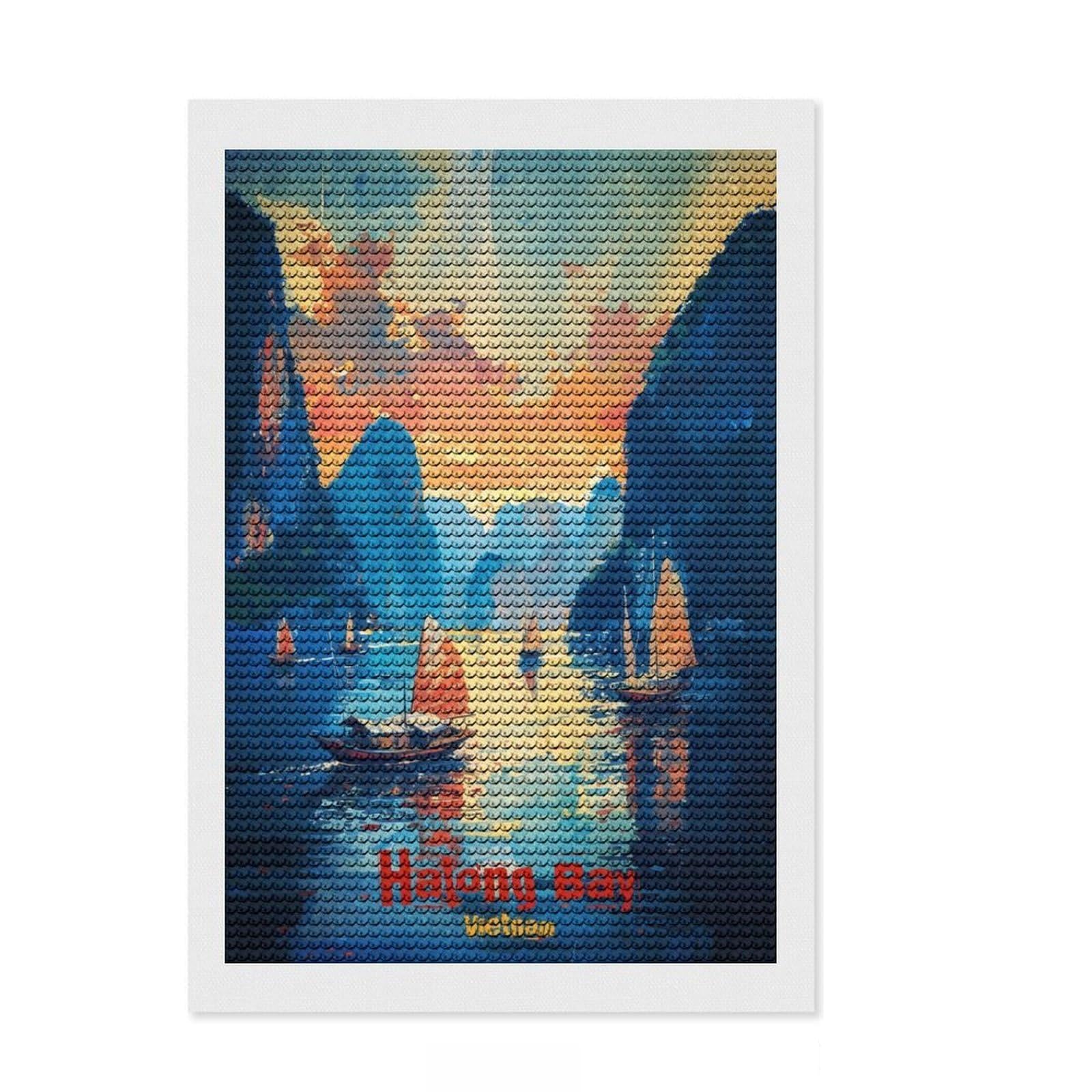Junmoney Halong Bay Art Diamond Painting Set 8"x12", for Beginners, Neat Printed Canvas, Holiday Gift Idea, Farmhouse Decor, Printed Canvas
