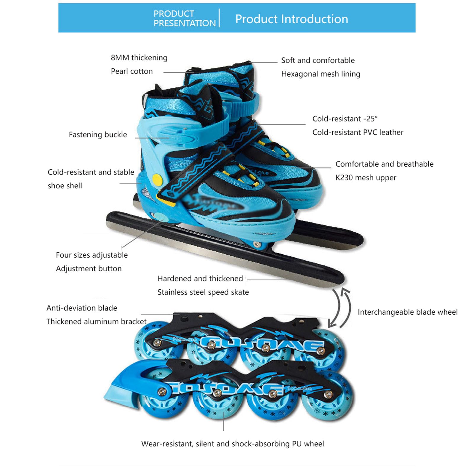 Patins de patinage réglables,Patins à Glace pour jeunes,Maintien Solide et Confort,pour Un Maintien Sûr,4 tailles réglables,Roller en Ligne avec Patins à Glace,pour débutants et avancés jusqu