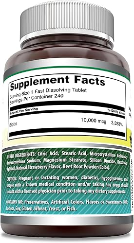 Miniatura 3 de Amazing Formulas Biotin 10,000 mcg  Tabletas de disolución rápida  Sin OMG  Suplemento sin gluten  Hecho en Estados Unidos (240 unidades, fresa)