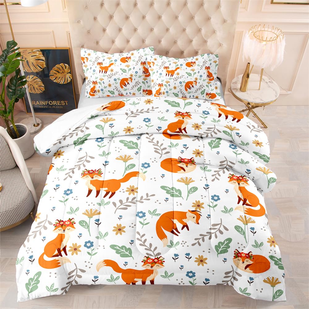 Coverless Duvet Fox Green Leaves Coverless Duvet Double Microfiber Quilted Bedspreads Lightweight Bedspreads Double Size Comforter All Seasons Quilted Throw+2 Pillowcases(50x75cm) 200x200cm