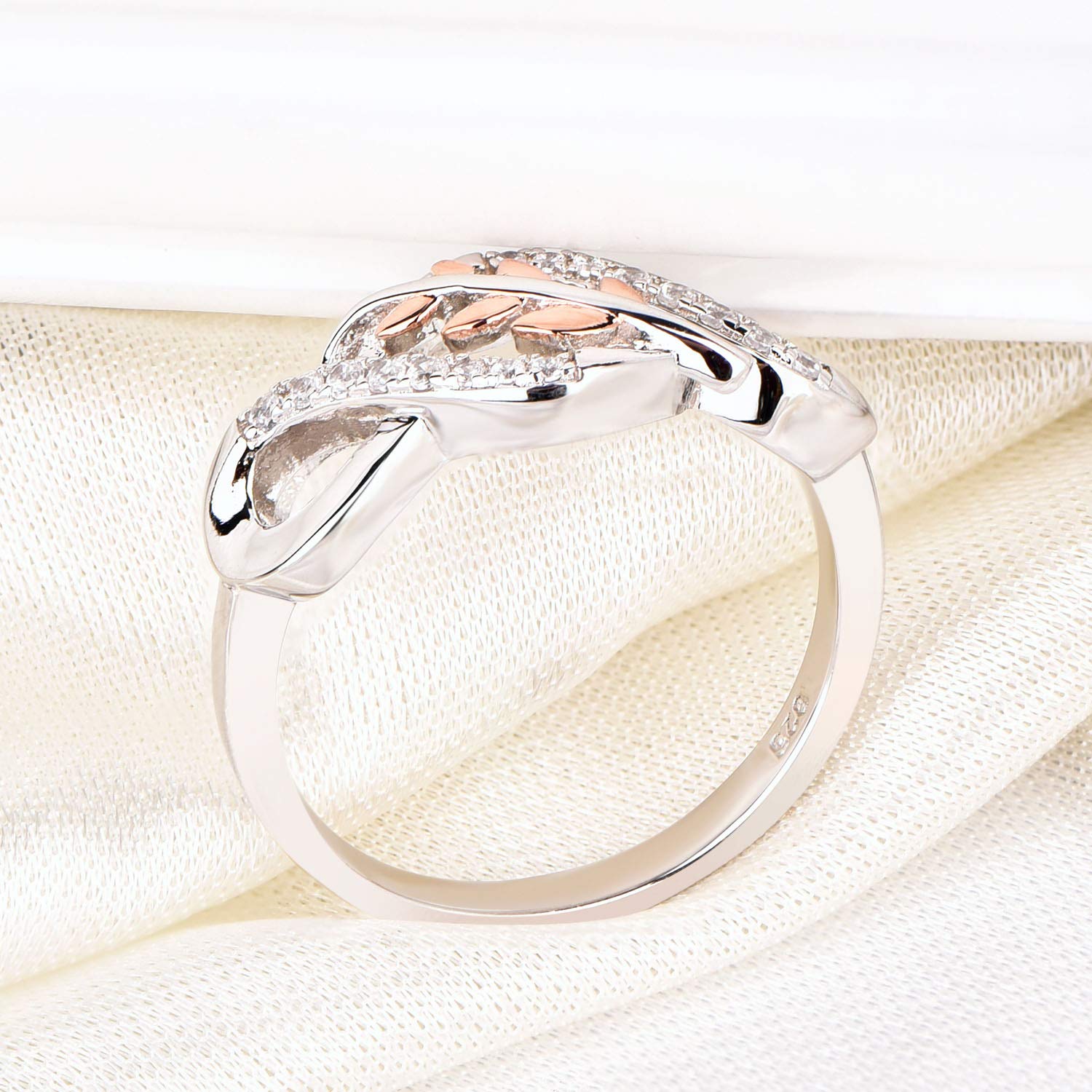 JO WISDOM Damen Ring 925 Sterling Silber Infinity Unendlichkeit Blatt Ring Herz schliff 3A Zirkonia mit zweifarbiger Farbbeschichtung, Roségold und Weißgoldbeschichtung,Schmuck für Frauen