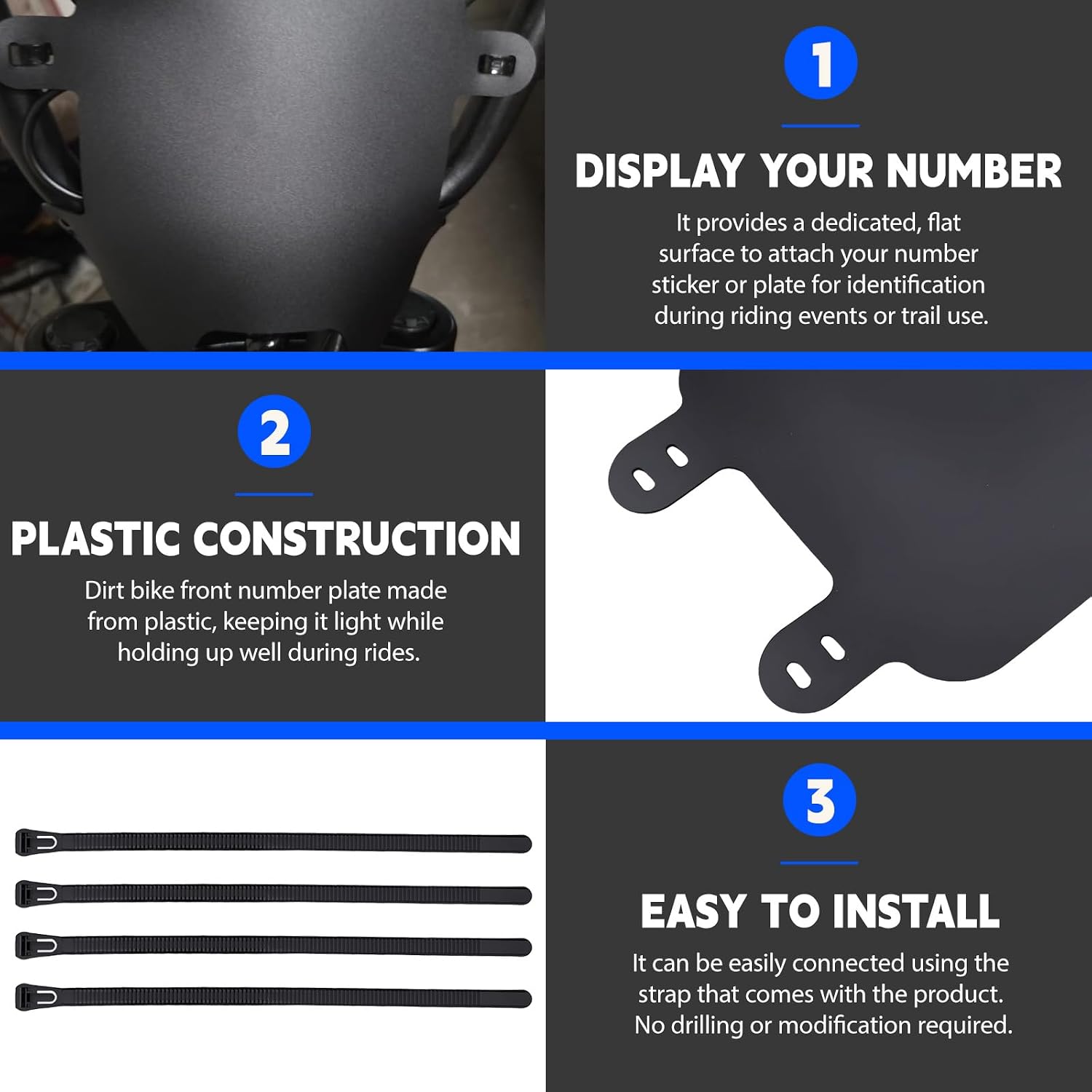 Motorcycle Front Number Plate for Electric Dirt Bikes Compatible with Light Bee S/X Ebike and Sting R / MX3 / MX4 / Pro SS Electric Dirt Bike, Matte Black, Easy Installation