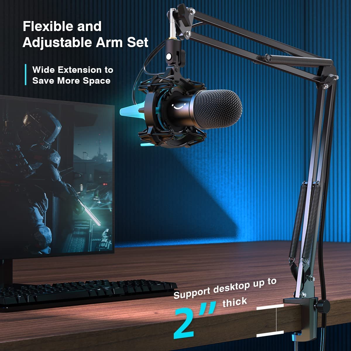 FIFINE Zestaw mikrofonów do gier USB, dynamiczny mikrofon do komputera, z przyciskiem ciszy, 8 kolorów RGB odporne na wstrząsy, uchwyt na ramię, mikrofon kardioidalny, do PC PS4 PS5 - K651