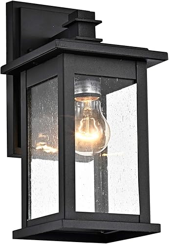MICSIU Lámpara de montaje en pared para exteriores, 1 farol de iluminación, acabado negro texturizado con cristal transparente (negro texturizado, 1