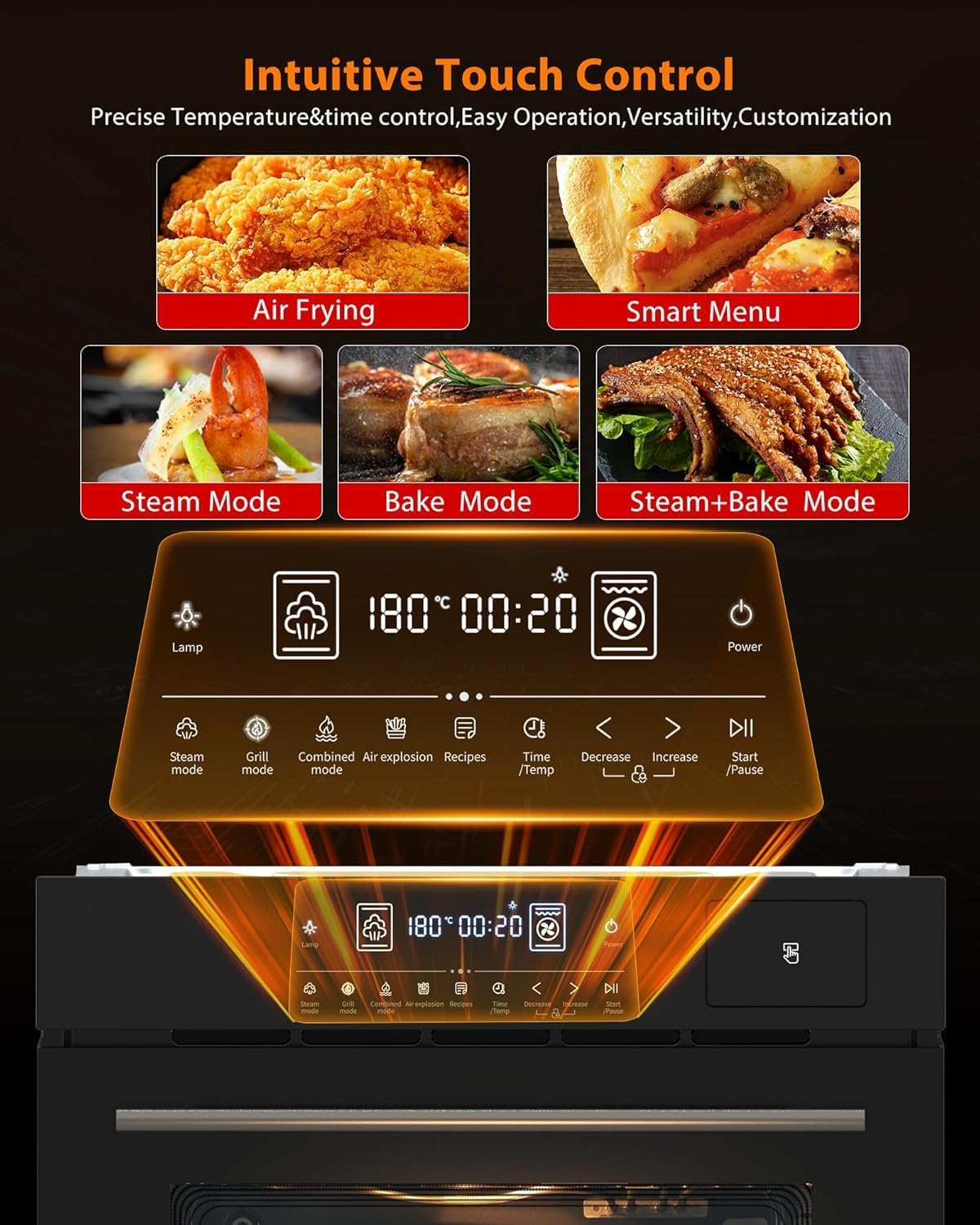 Close-up of the oven's intuitive touch control panel
