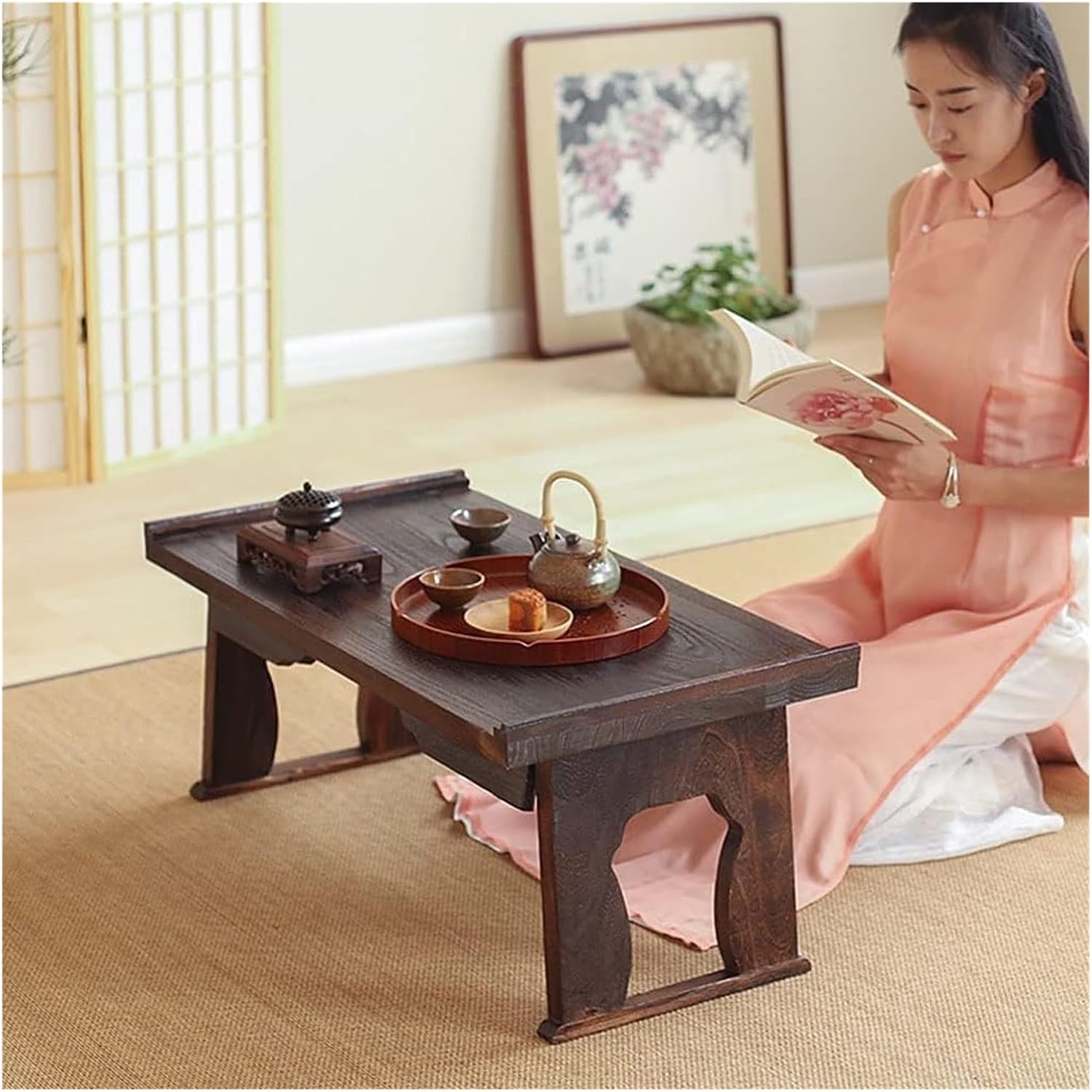 日本のフロアテーブル、折りたたみフロアローテーブル、素朴な禅ティー