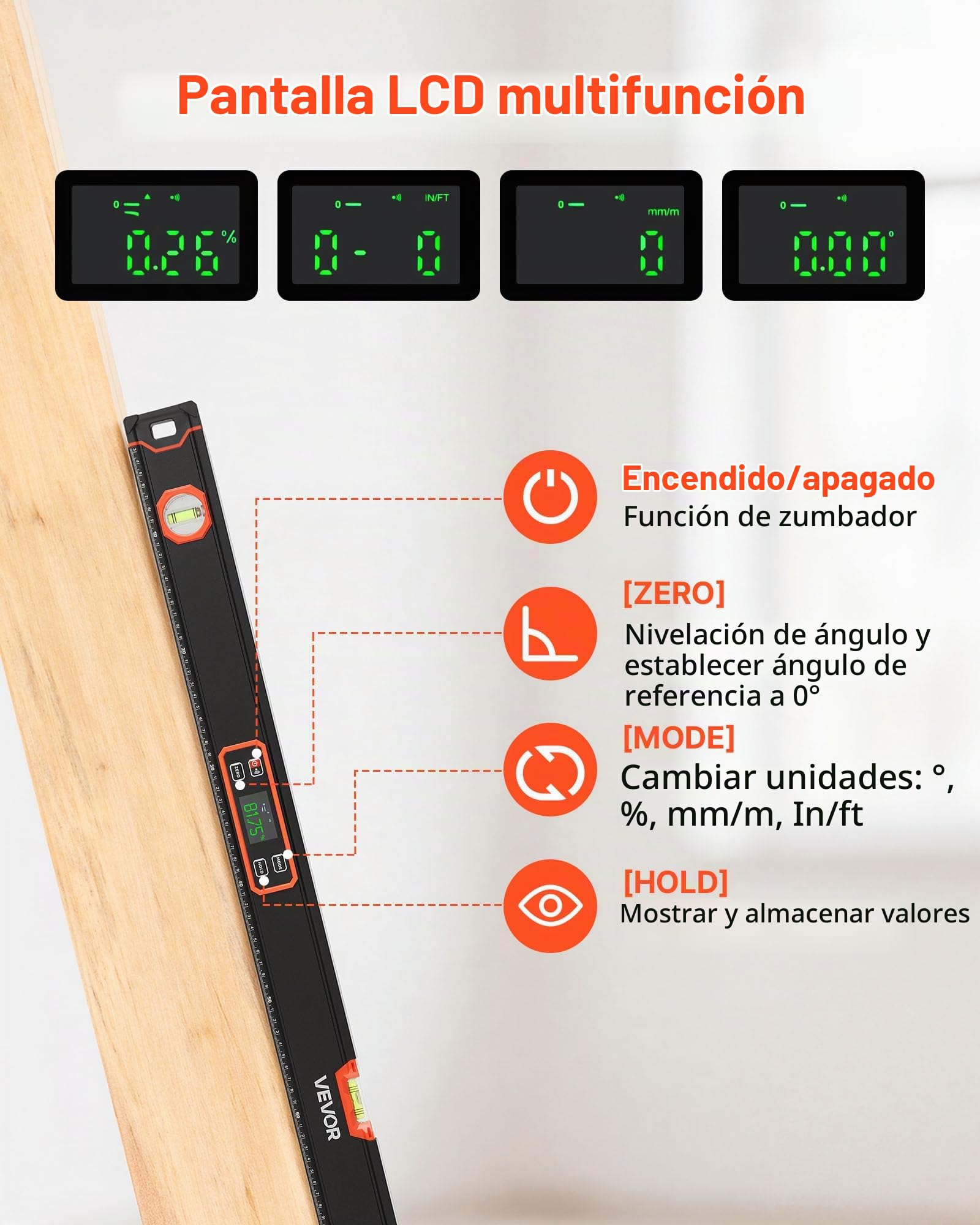 VEVOR Nivel Digital de Aluminio 1200 mm, Nivel Electrónico Magnético con Burbujas de 0°/45°/90°, Pantalla LED Retroiluminada, 4 Unidades de Medida, Bolsa para Construcción Carpintería Bricolaje Hogar