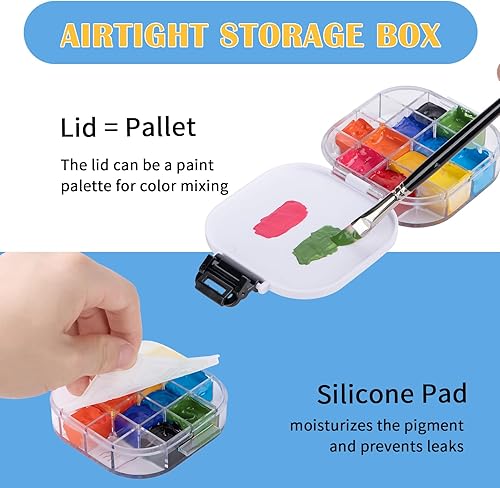 Miniatura 4 de Falling in Art Paleta de pintura, caja hermética de 16 pozos con tapa y cepillo plegable para acuarela, gouache y pintura acrílica (negro)