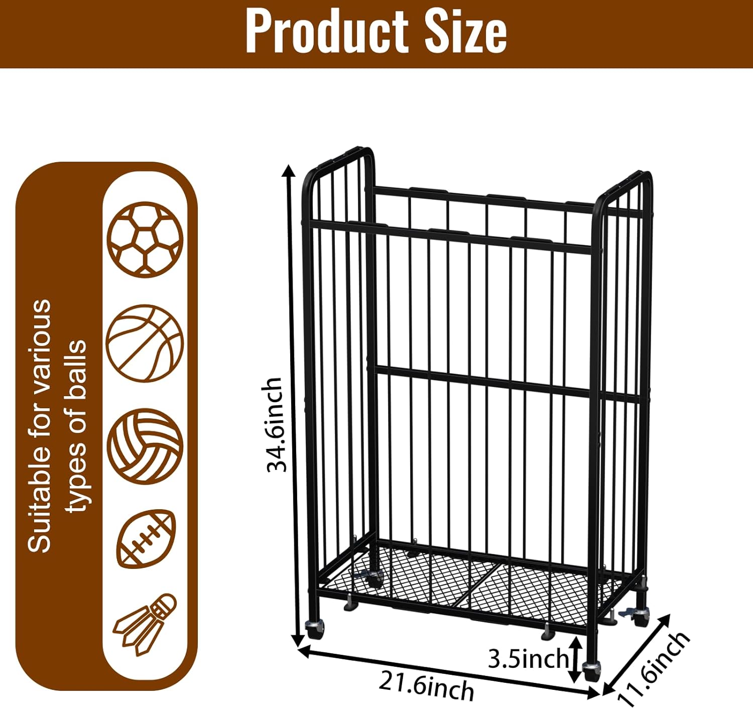 Garage Ball Storage with Wheels, Ball Sports Organizer Storage Cart, Sports Equipment Organizer, Sports Ball Rack With Elastic Rope, Garage Organization Storage Rack, Ball Holder, Black