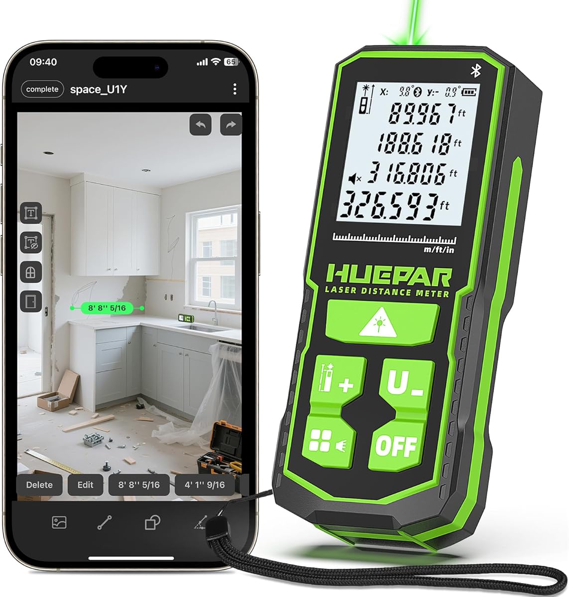Huepar 330Ft Green Laser Measurement Tool with APP Control, Rechargeable Bluetooth Distance Meter ±1/16" High Accuracy, Angle Sensor, Multiple Modes, IP54 Waterproof Durable for Home & Construction