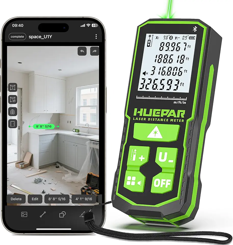 Huepar Medidor A Laser Verde de 100 Metros com Controle por Aplicativo, Medidor de Distância Bluetooth Recarregável com Alta Precisão de ±1,6 Mm, Sensor de Ângulo, Múltiplos Modos, Resistente À Água