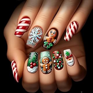 Christmas Press on Nail Medium Length Square Fake Nails Full Cover Cute Striped Gingerbread Man Christmas Tree Snowflakes designs Glossy Acrylic Press ones Xmas Glue on Nails for Women Holiday24pcs