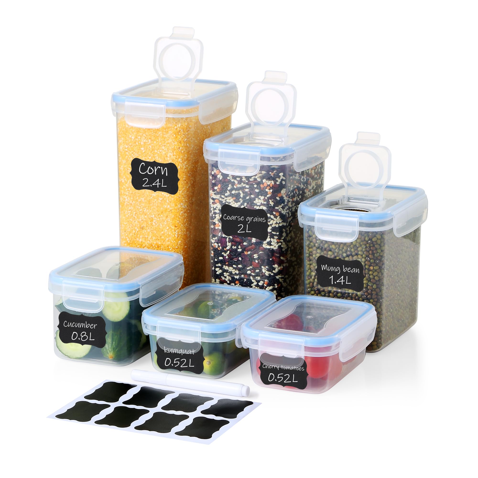 Ordeluxe Airtight Food Storage Containers Set of 6, BPA-Free Pantry Storage Containers with Lids, Stackable Kitchen Organisers for Spaghetti, Cereal, Pasta, Rice, Flour, Snacks & Spices, 2.4L–0.52L