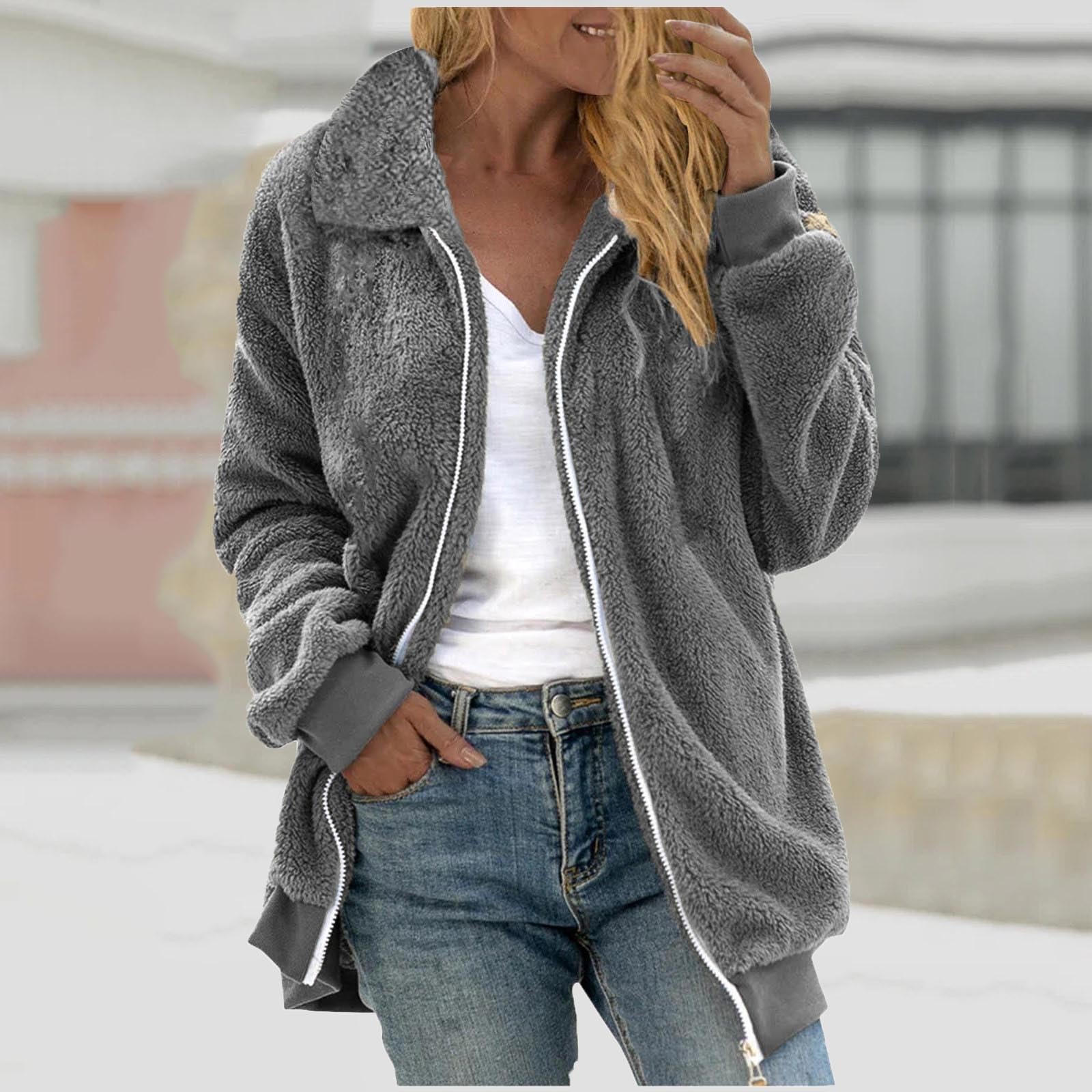Generisch Damen Fleecejacke Ohne Kapuze Plüschjacke Langarm Winterjacke Elegant Teddyjacke Winter Warm Plüschmantel Einfarbig Damen-Jacken Teddyfleece Flauschjacke Mit Reissverschluss Wintermantel
