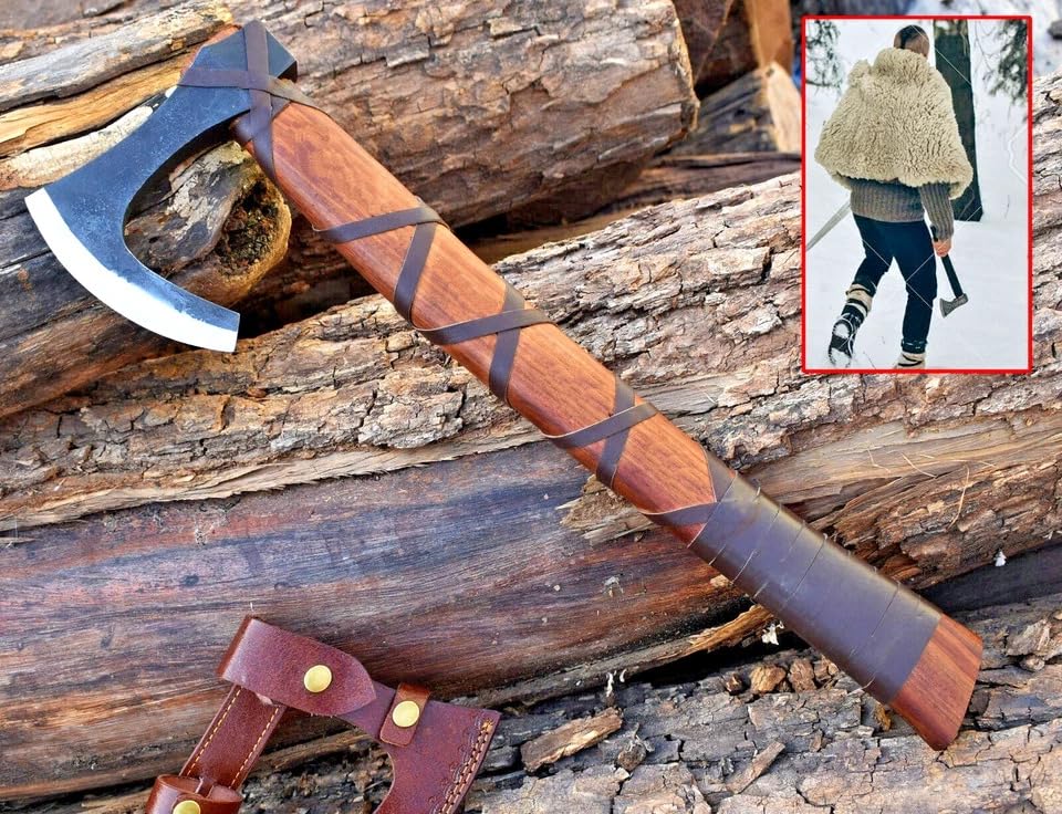 Image of Ragnar Viking Axe - Hand Forged Carbon Steel Hatchet with Leather Sheath | Norse Bearded Axe for Camping, Throwing, Hunting, Outdoor Survival | Gift for Men