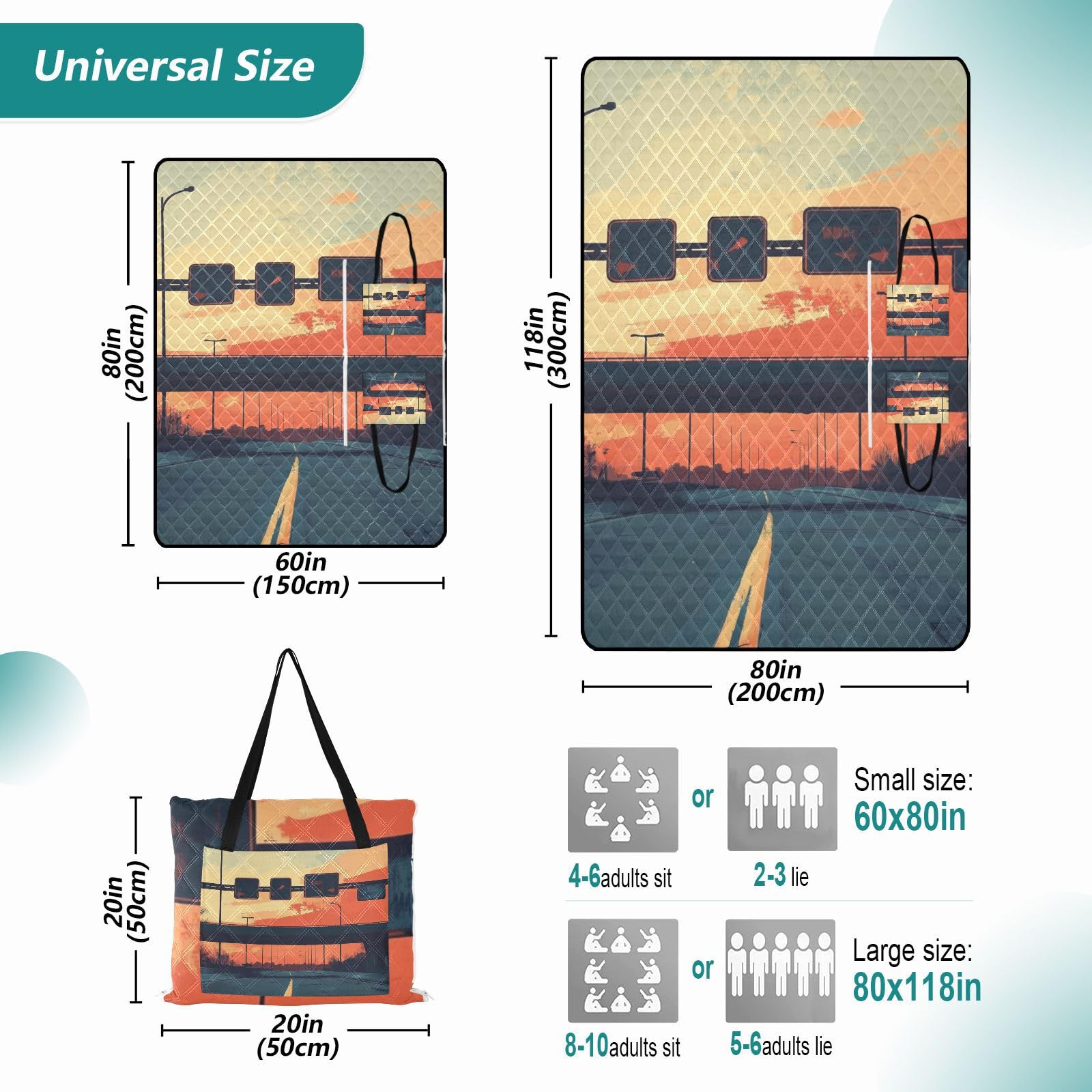 Yoogain Packable Blanket Sand Free Beach Big Beach Blanket for 8 to 10 Adults Concert Blankets Highway Street Setting Sun 60x80in