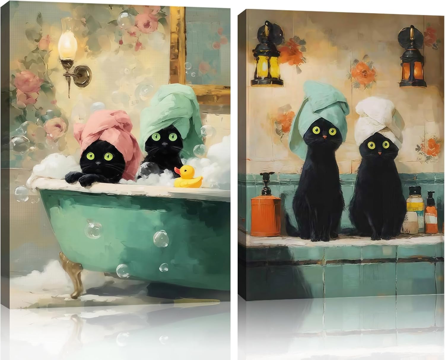 Framed Black Cat Bathroom Wall Art Set of 2 – Funny Cat Canvas Prints for Bathroom Decor Cute Pet Poster Picture Modern Animal Painting for Home Toilet or Laundry Room Ready to Hang 12x16 Inches