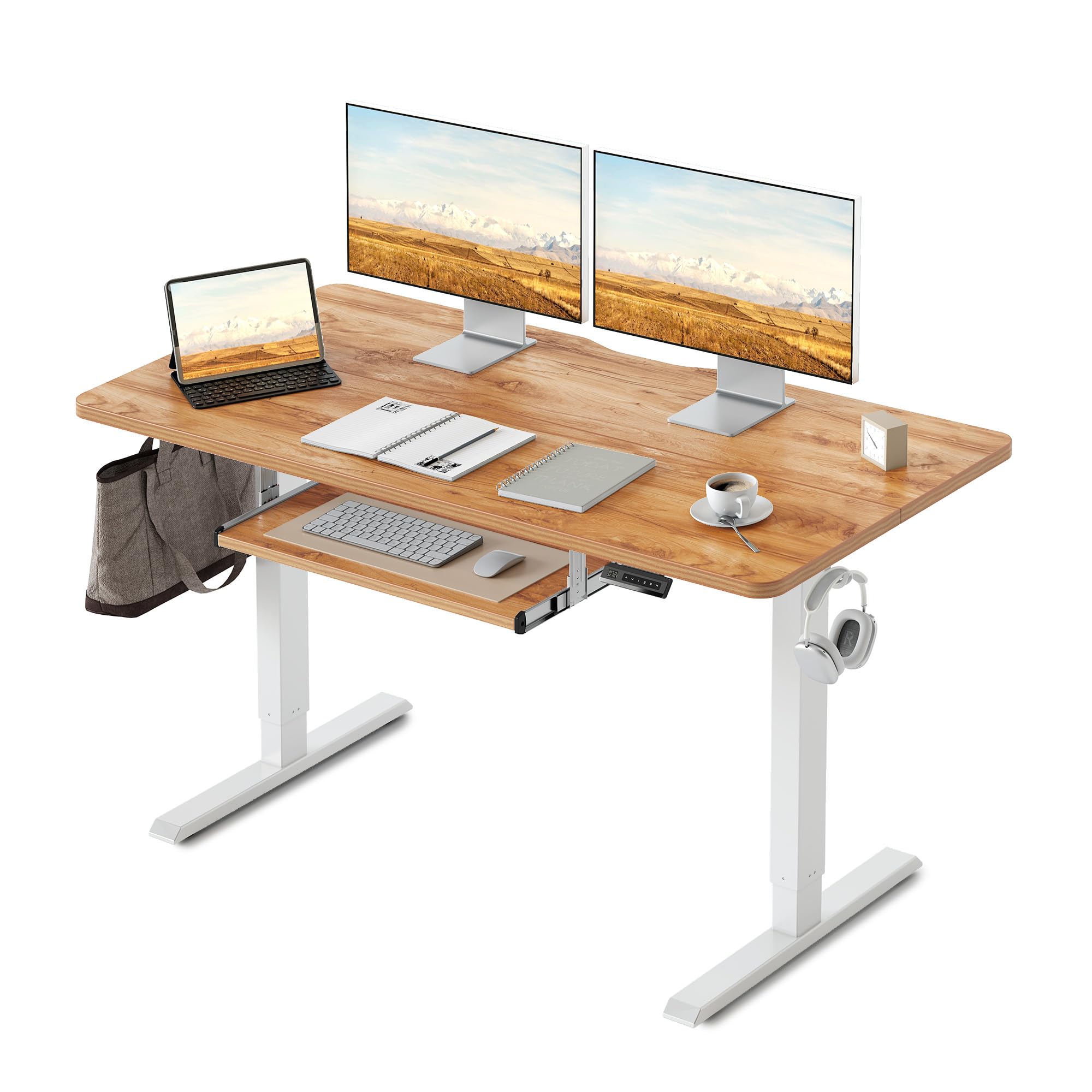 FEZIBO Height Adjustable Electric Standing Desk with Keyboard Tray, 140 x 60 cm Sit Stand up Desk with Splice Board, Light Rustic/Light Rustic Top