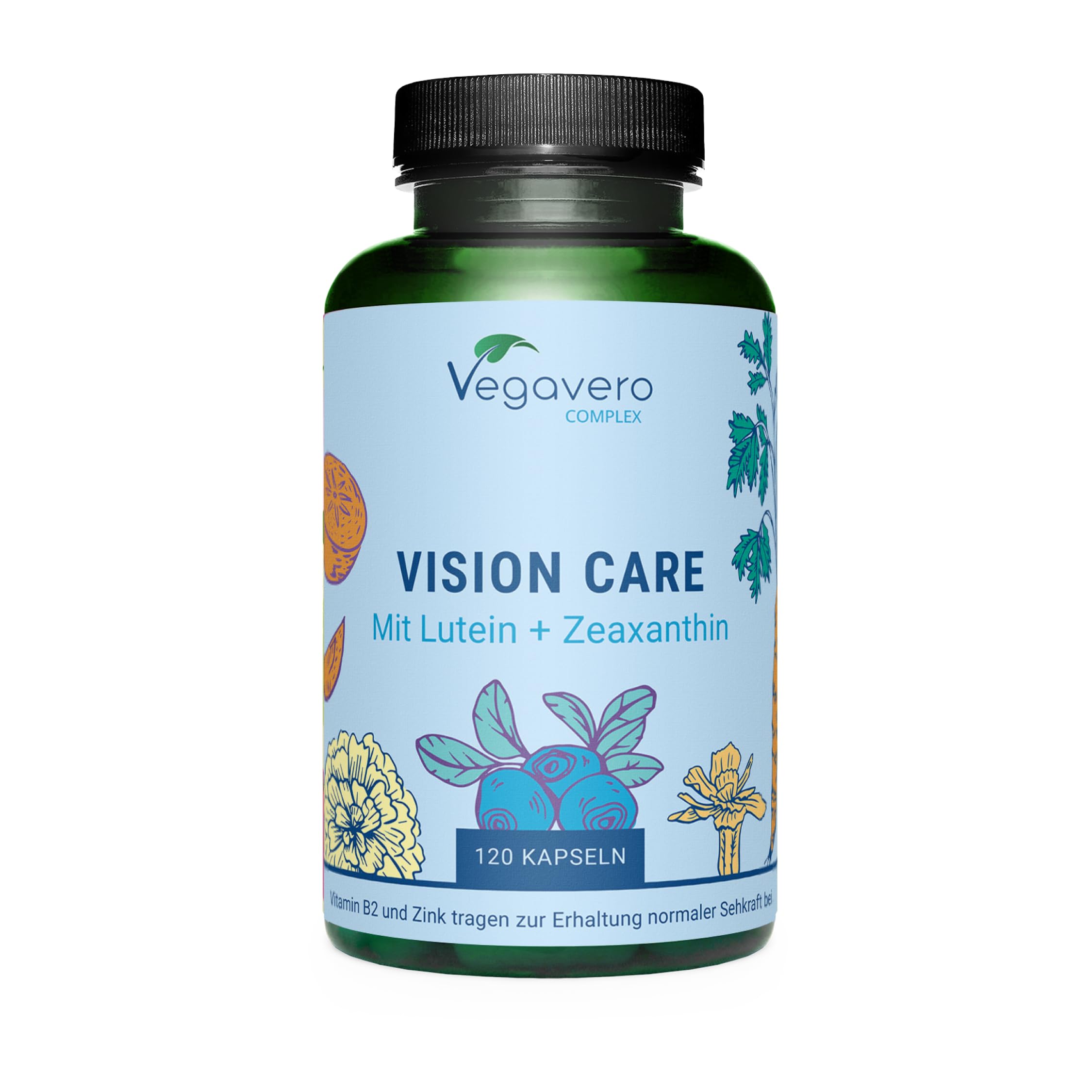 Vision Care Vegavero | Augenvitamine: Lutein & Zeaxanthin | Sehkraft & Augen* | 120 Kapseln | mit Beta Carotin, Heidelbeere, Vitamin B2 & Zink | Ohne Zusätze | Vegan
