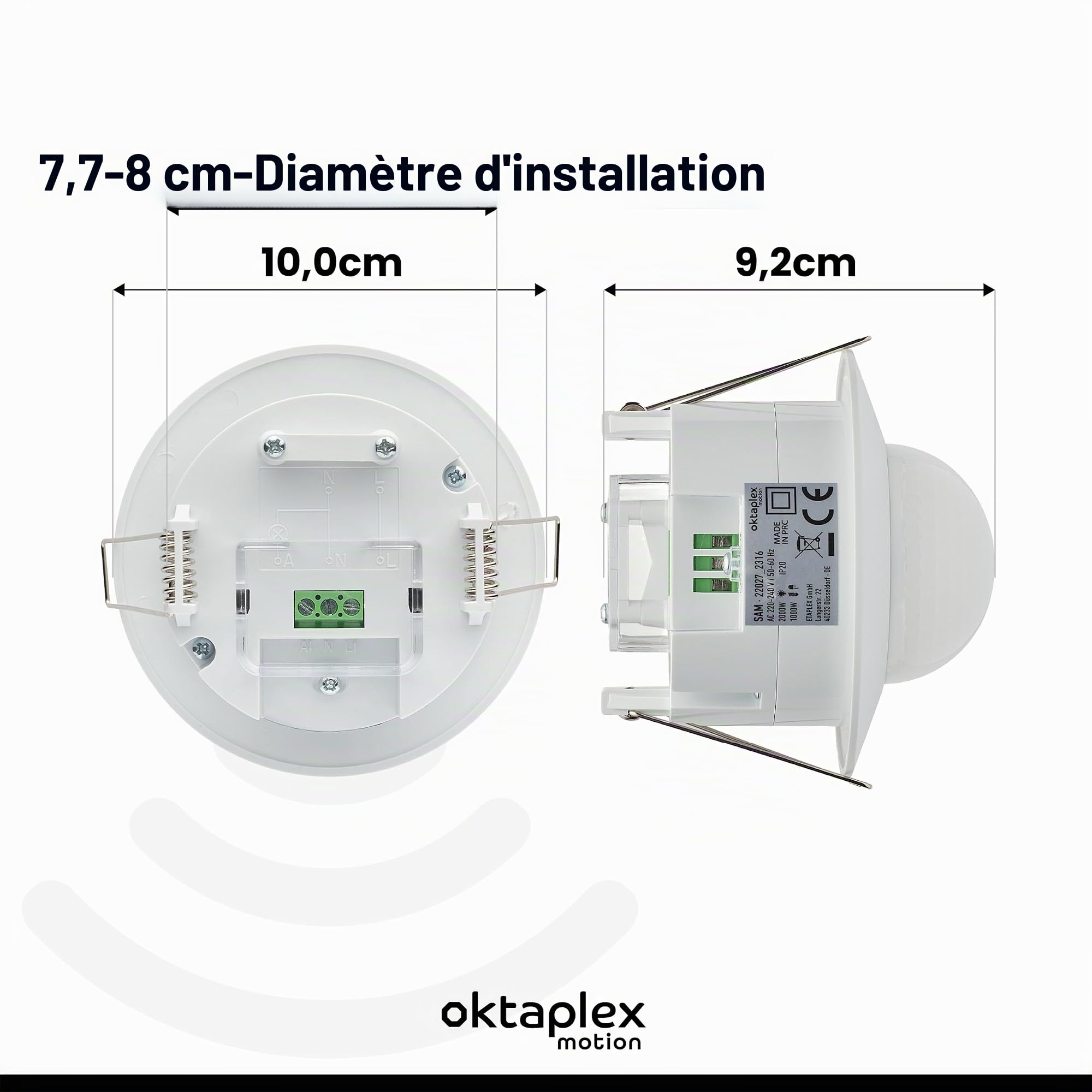 Oktaplex Sam Lot de 2 détecteurs de présence encastrables 360° PIR | Capteurs de mouvement intérieurs blancs 230V pour plafond