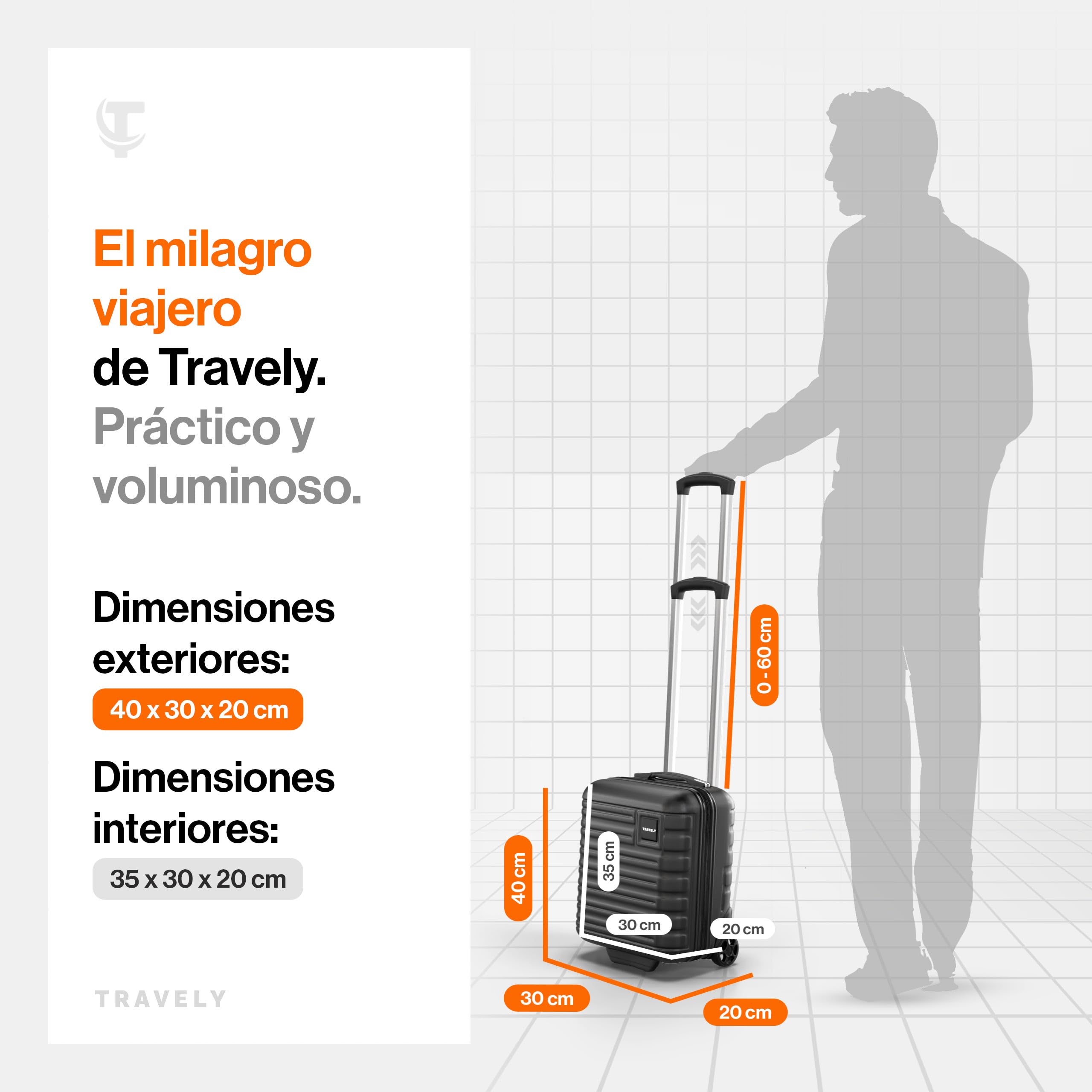 Travely Maleta de Equipaje de Mano 40x30x20cm - Apta para Ryanair, Lufthansa, Eurowings y co.