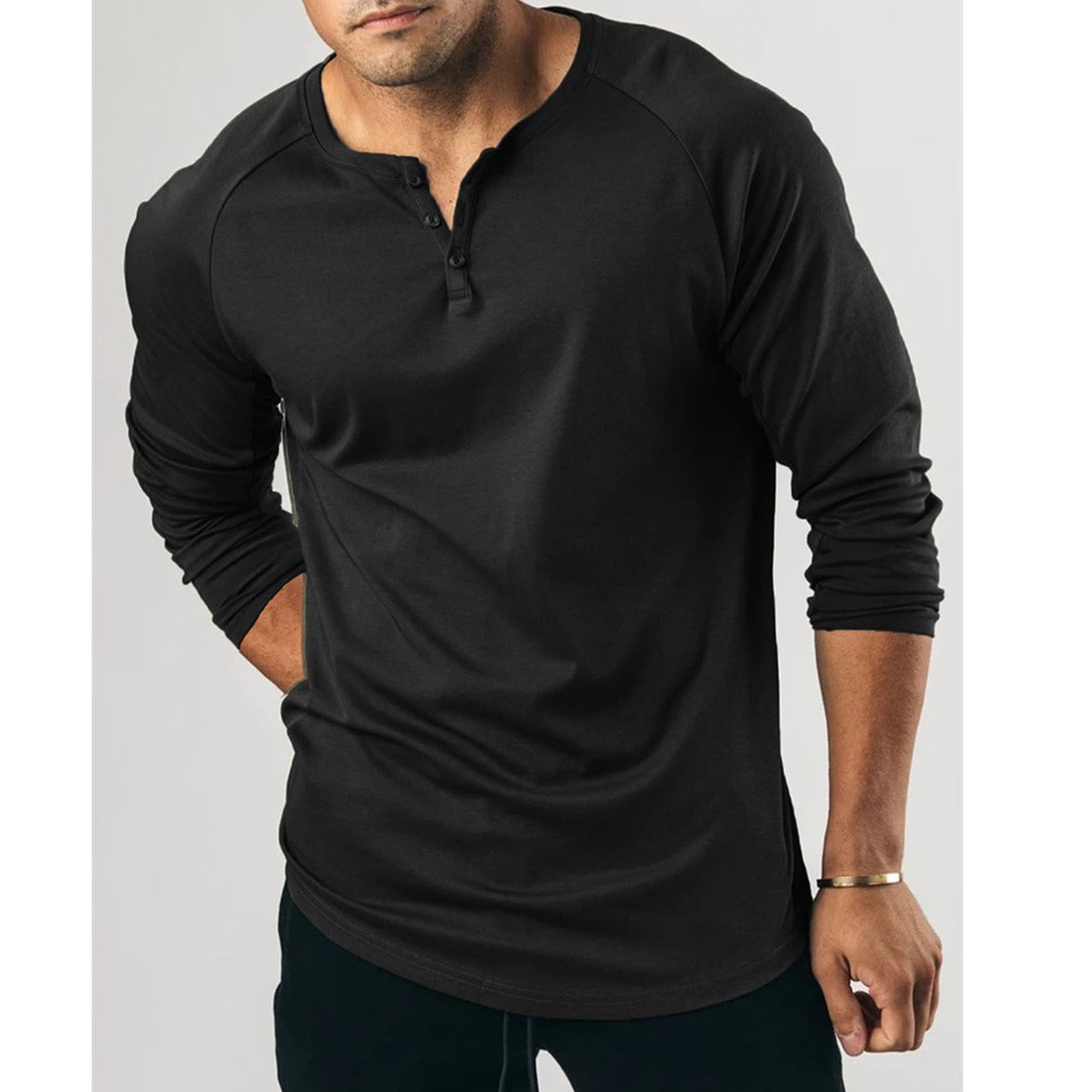 Men's V-Neck Long Sleeve Henley Shirt Muscle Fit Elastic Tee Top Casual Slim Fit Workout Shirt Undershirt (3X-Large,Black)