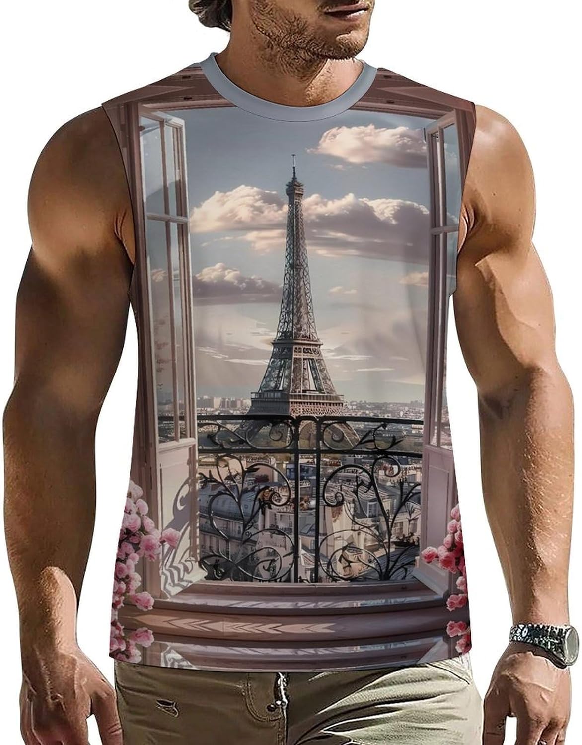 Parisian Balcony Eiffel Tower Men Summer Sleeveless Crew Neck Top 5XL