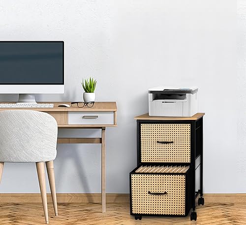 Miniatura 2 de ZYBT Archivador pequeño con 2 cajones de ratán Fabirc, soporte de impresora rodante, archivador bohemio para almacenamiento debajo del escritorio,