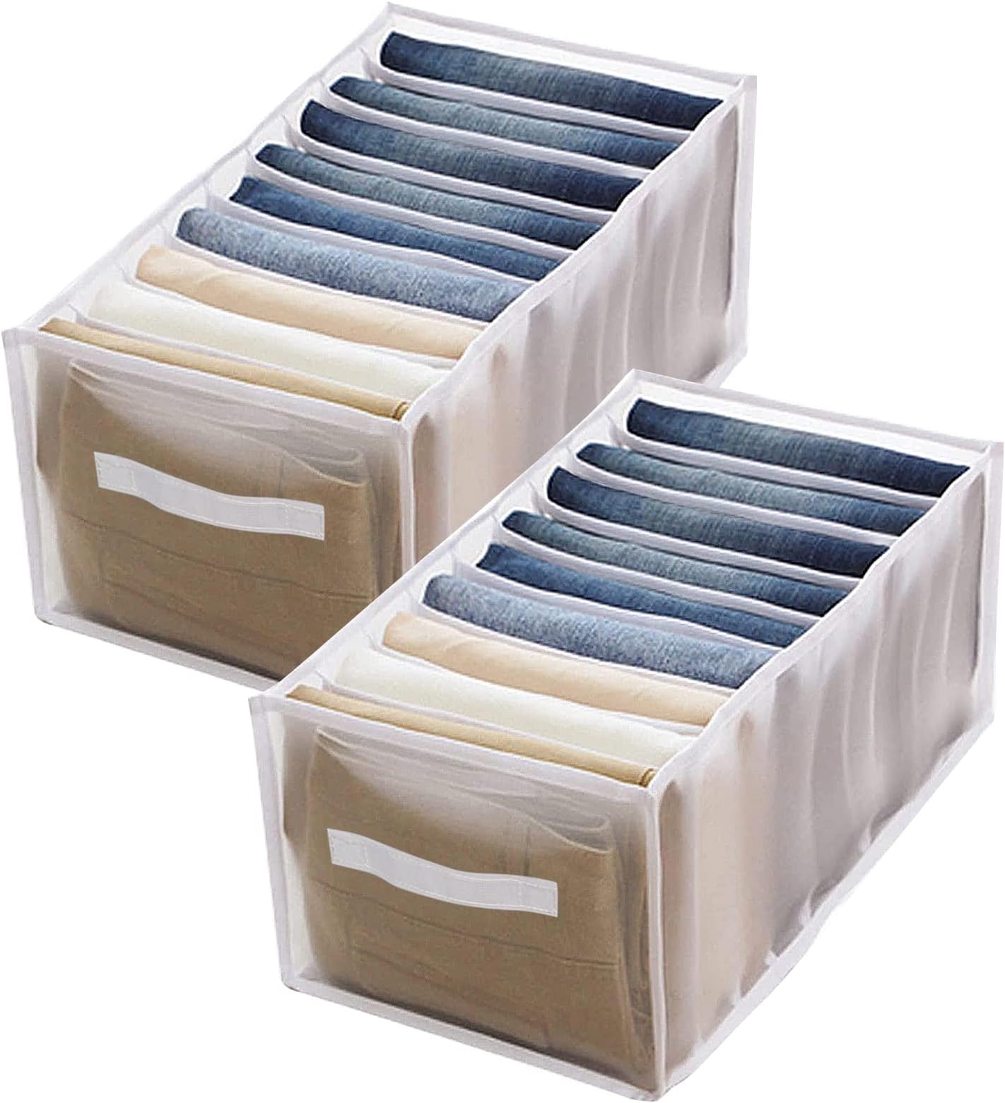 Yotako 2Pcs Closet Drawer Organisers, 9 Grids Jeans Storage Box with Compartments, Foldable Drawer Divider, Nylon Dresser Wardrobe Clother Organiser for Baby Clothes, Leggings, T-shirt, Jeans(White)