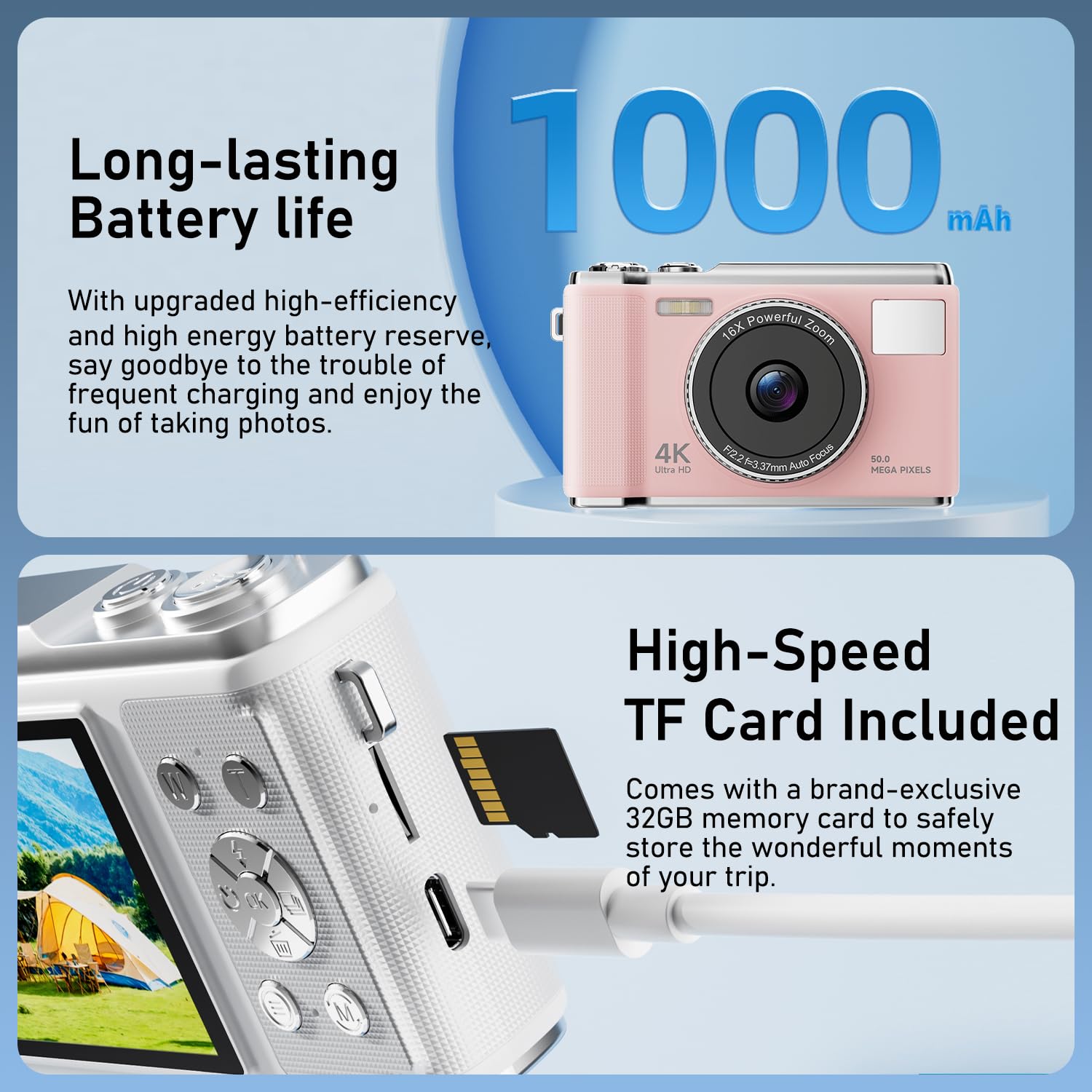Appareil Photo Numérique 4K 50 MP Vlogging avec Carte TF 32 Go, Zoom 16x, AF, Écran LED 2,83 Pouces, Flash