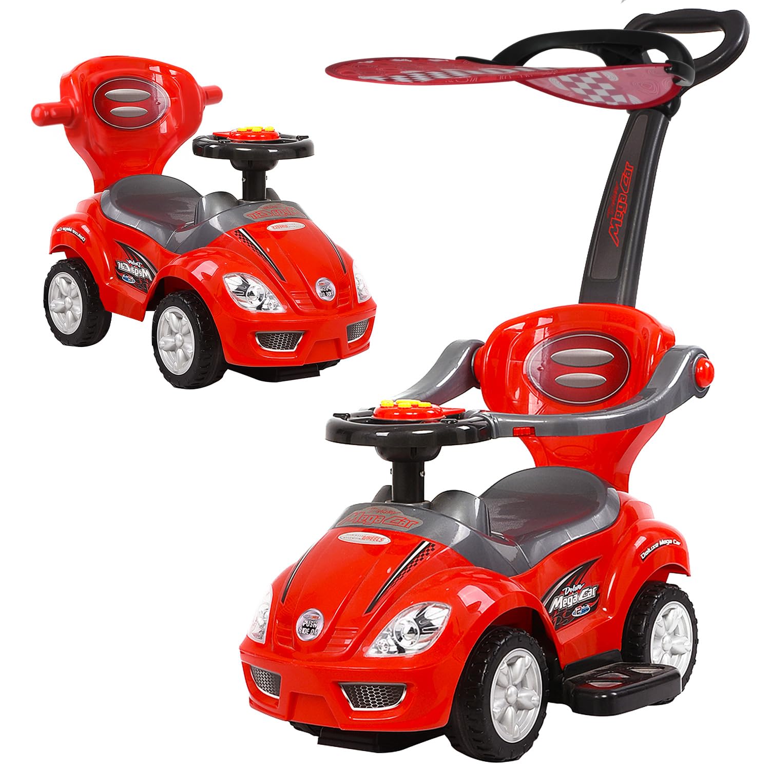 ChromeWheels 3 in 1 Ride on Toys Pushing Car with Removable Sun Visor, Mega Car for Toddlers w/Handle & Horn & Music, Color Red