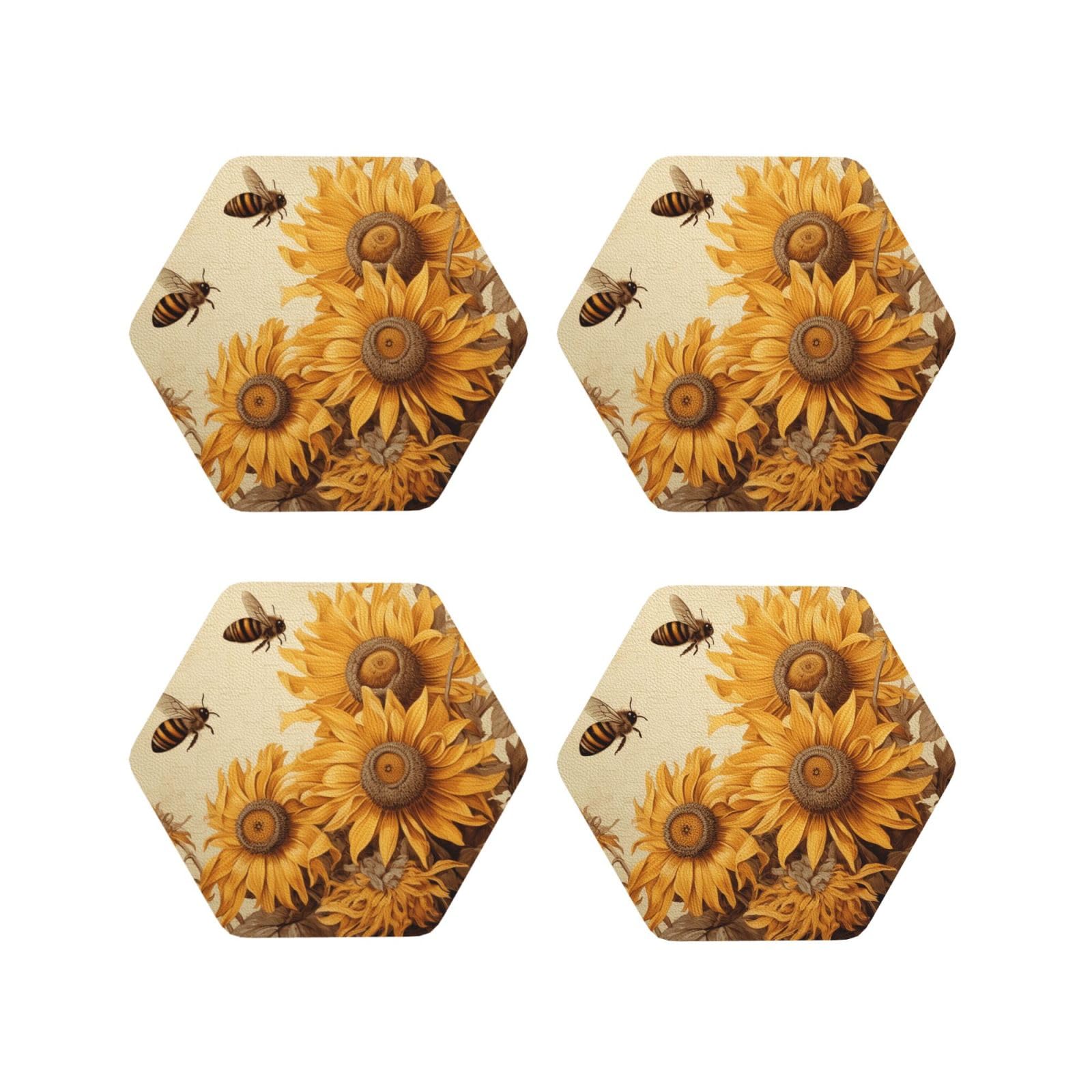 4pcs Drink Coasters for Tabletop Protection, 4" Leather Coasters for Drinks, Bees and Sunflowers Cup Coasters for Coffee Table Decor, Non-Slip Drinking Cup Mat for Hot Or Cold Drink