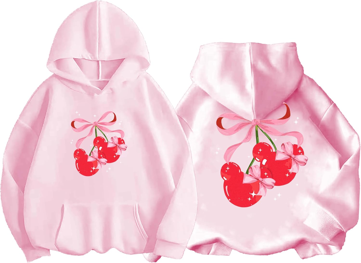 Girls Long Sleeve Hooded Sweatshirt Cherry and Bow Graphic Girls Hoodies Cute Fall Pullover Tops