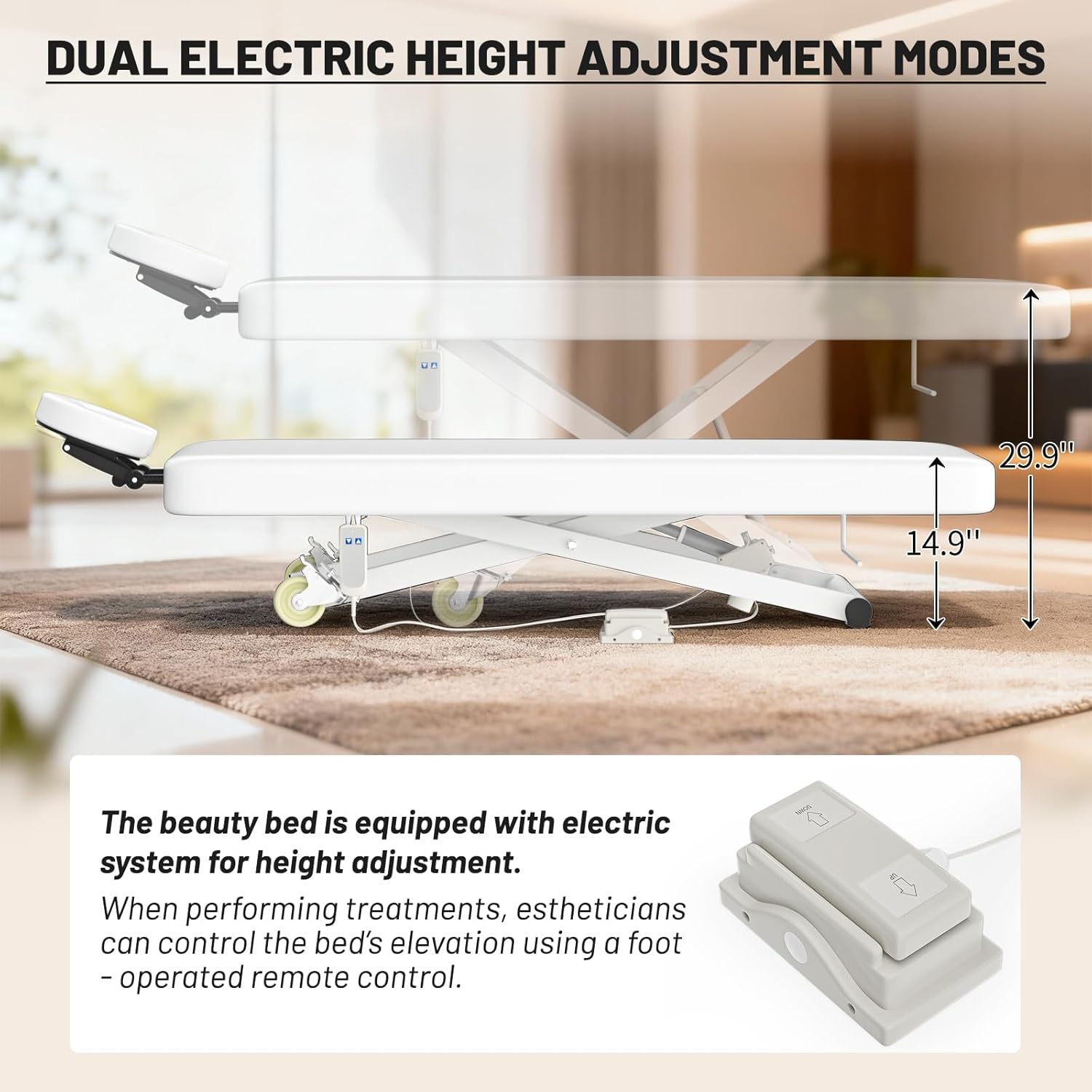 Electric Massage Table Bed - Facial Spa Treatment Table, Esthetician Bed with Wheel, Hand & Foot Pedal Dual Control Adjustable Height 440lbs, Professional Salon & Beauty Spa Use (White)
