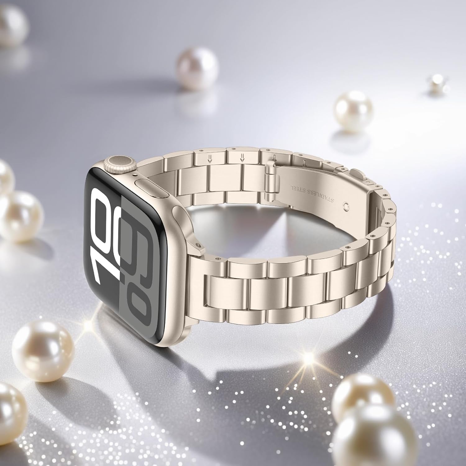 Anlinser Bands Compatible with Apple Watch Band 42mm 41mm 40mm 38mm, Women Slim Stainless Steel Metal Strap for iWatch Series 10 9 8 7 6 5 4 3 2 1 SE (Starlight) - Image 6