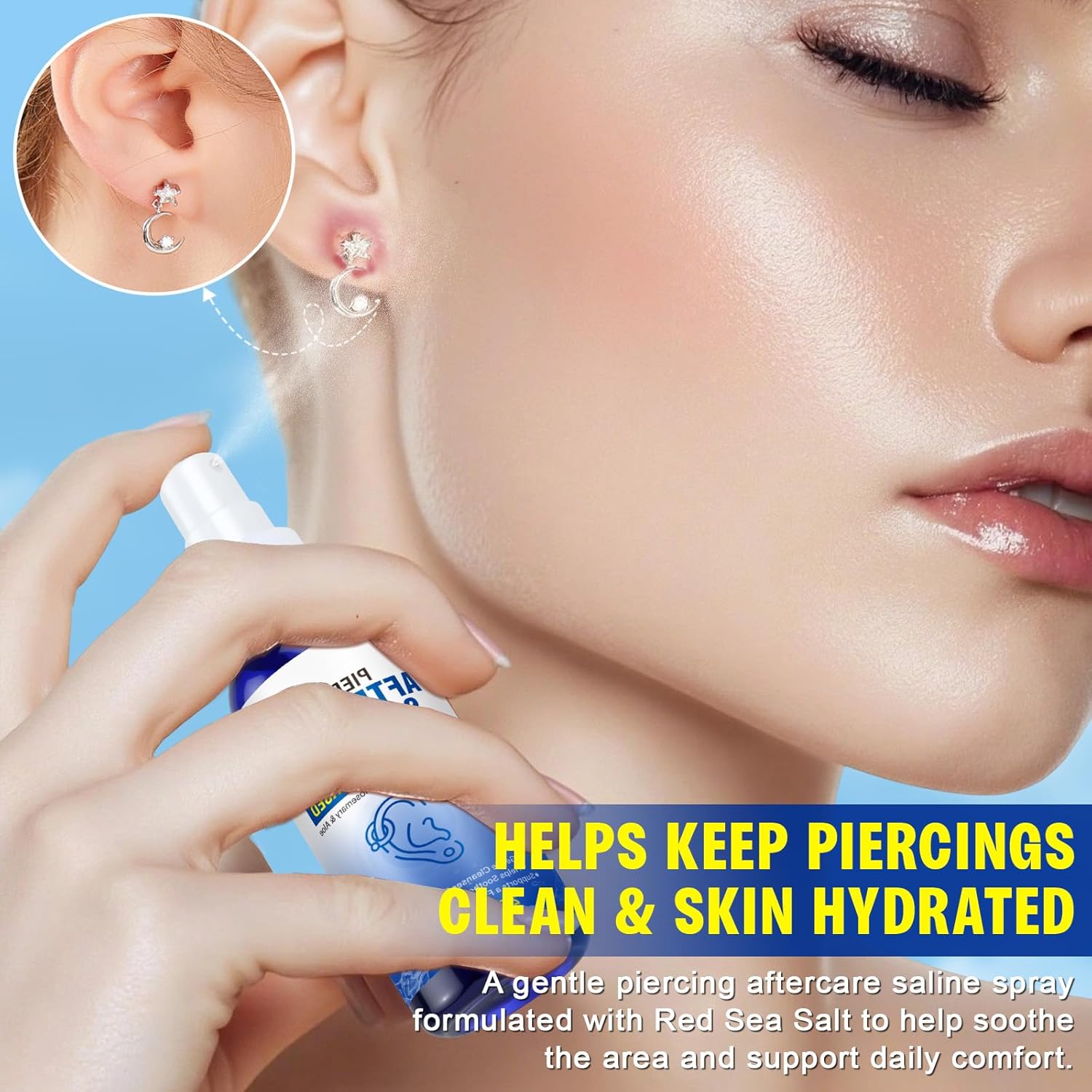 Piercing Aftercare Spray - Saline Solution for Ear, Nose, Belly Button, Cartilage Piercings - Ear Piercing Cleaner Spray with Sea Salt, Aloe Vera & Rosemary, Gentle and Non-Irritating, 2 Fl Oz - Image 2