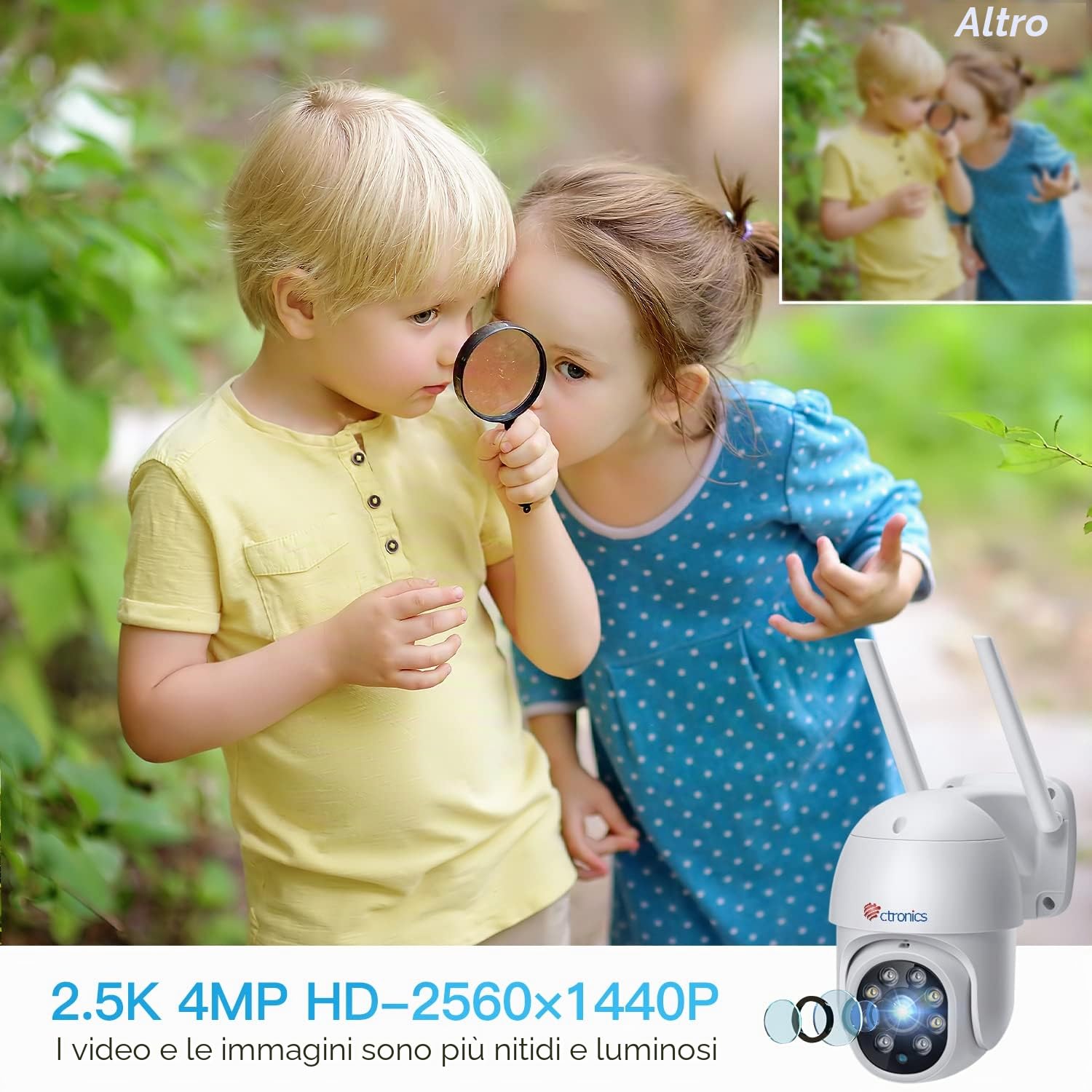 Ctronics 2K 4MP Telecamera di sorveglianza esterna WiFi PTZ 2560 x 1440 | WiFi IP Telecamera per esterni con rilevamento automatico, rilevamento persone, visione notturna colorata, rotazione a 355°