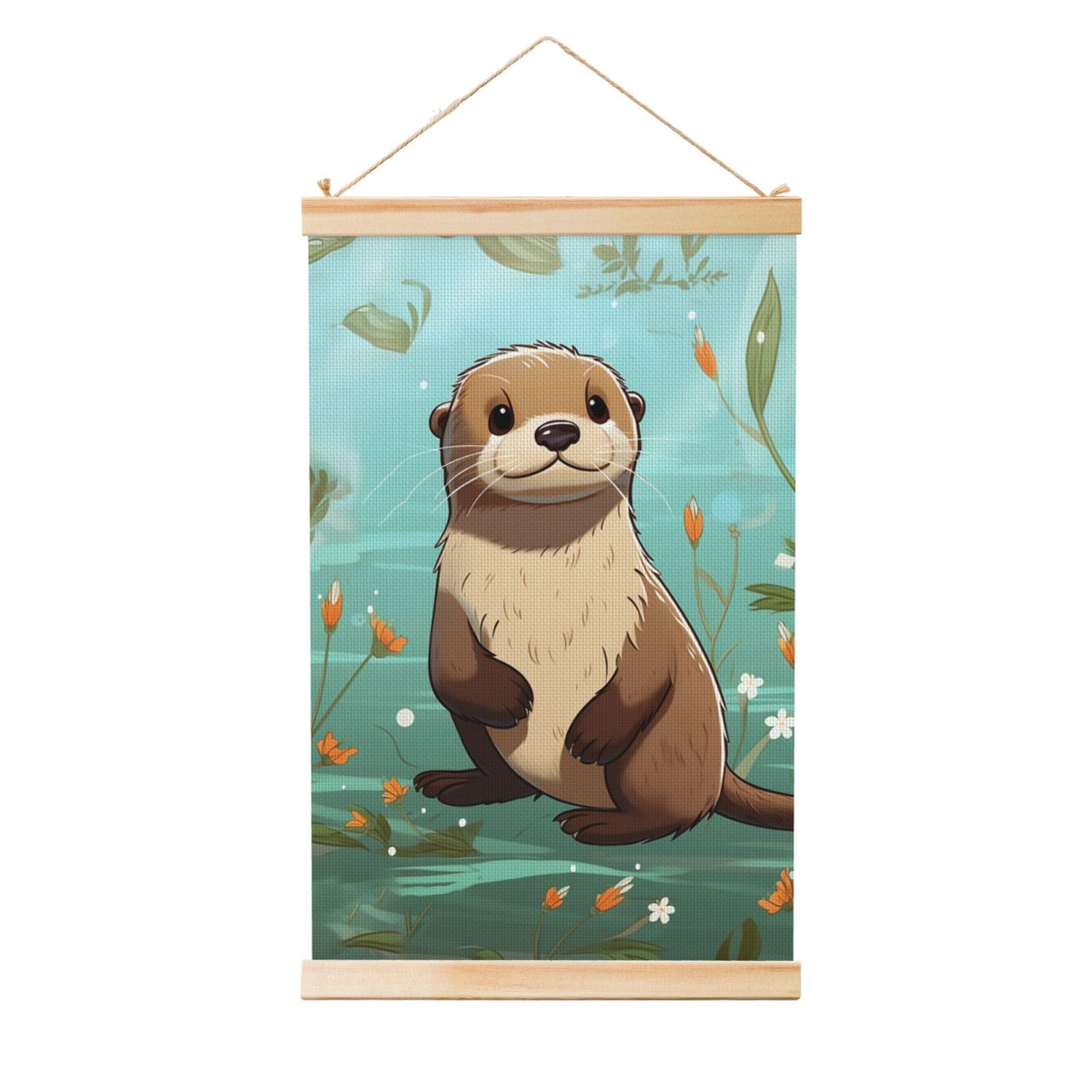 Cartoon Cute Otter Poster Wooden Shaft Hanging Poster Wall Hanging Banner Canvas Artwork with Wood Frames 12"x18" Modern Artwork Decor Ready to Hang Wall Art for Home Decor Scroll Painting