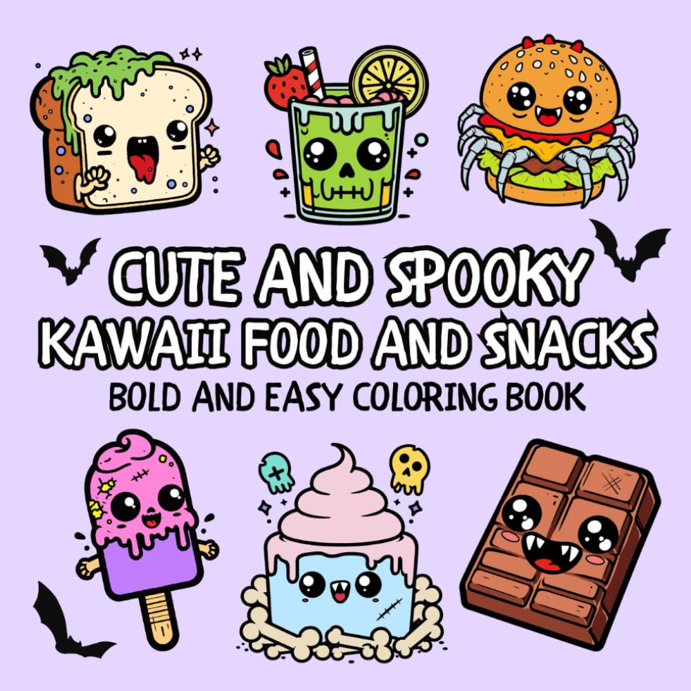 Spooky Cute Kawaii Food and Snacks Coloring Book: Bold and Easy Creepy Halloween Designs for Teens and Young Adults | Cozy and Simple Fun