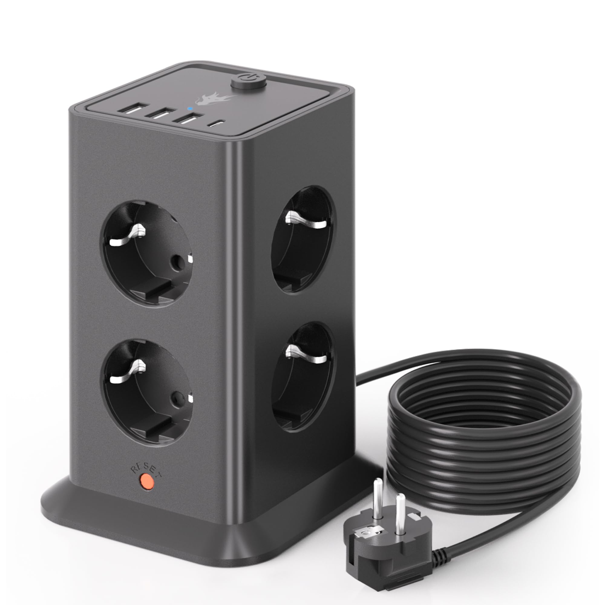 Listwa zasilająca z odgromnikiem i ochroną, 8 gniazd sieciowych i 4 portami USB (1 USB-C), 5V/3,4 A, zasilacz 3680W/16A, listwa zasilająca do biura i domu, czarna 5 m