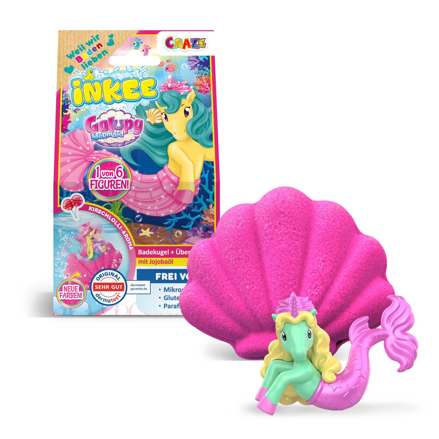 INKEE Surprise Bath Bomb Galupy Mermaid – 100 g Children’s Fizzy Bath Bombs with Unicorn Collectible Figure, Cherry Lollipop Scent, Pink or Blue Bubble Water