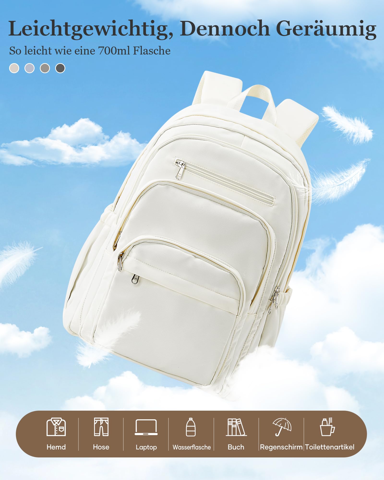 Rucksack Damen Herren, Schulrucksack Groß mit Vielen Fächern, Waterproof Rucksack Leicht für Schule, Schulrucksack Teenager Daypacks Backpack für Jungen Mädchen, Beige
