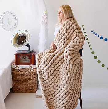 Chunky Knit Blanket 50x60 - Giant Throw Hand Knit with Jumbo 100% Merino Wool Yarn, Handmade Blanket for Bed Couch, Boho Throw Blanket Home Decor Ideas Gift for Women (Beige, 50x60)