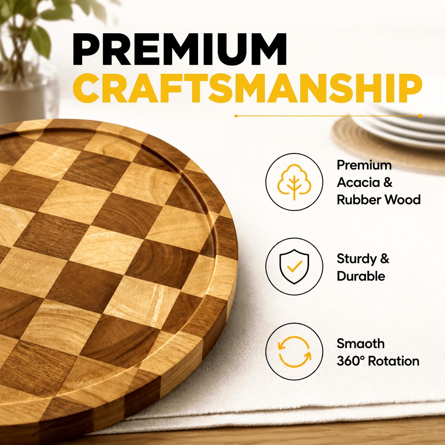 Novabright 10 Inch Checkered Wooden Lazy Susan, Acacia & Rubber Wood Tray