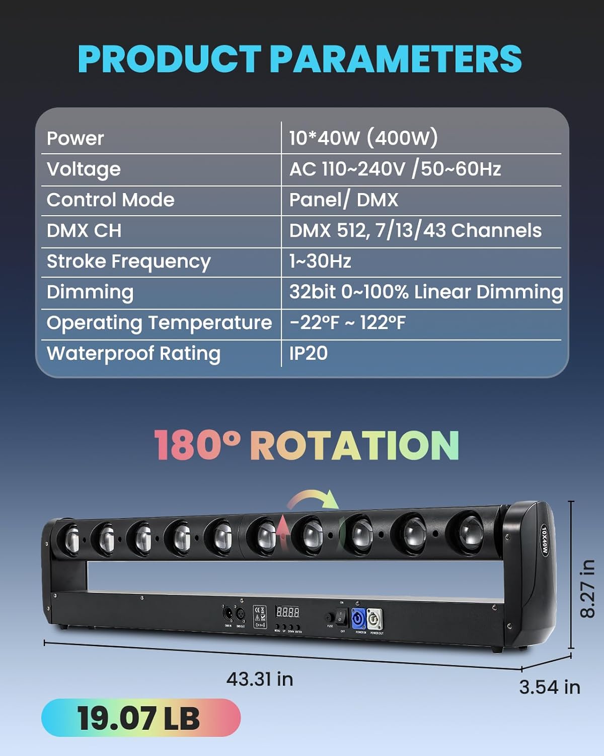 400W 10-Eye Moving Head Light Bar, 127+ Dynamic Effects, RGBW 4-in-1 Wall Washer Light, DMX512 Sound-Activated DJ Stage Lighting for Wedding Party Theater