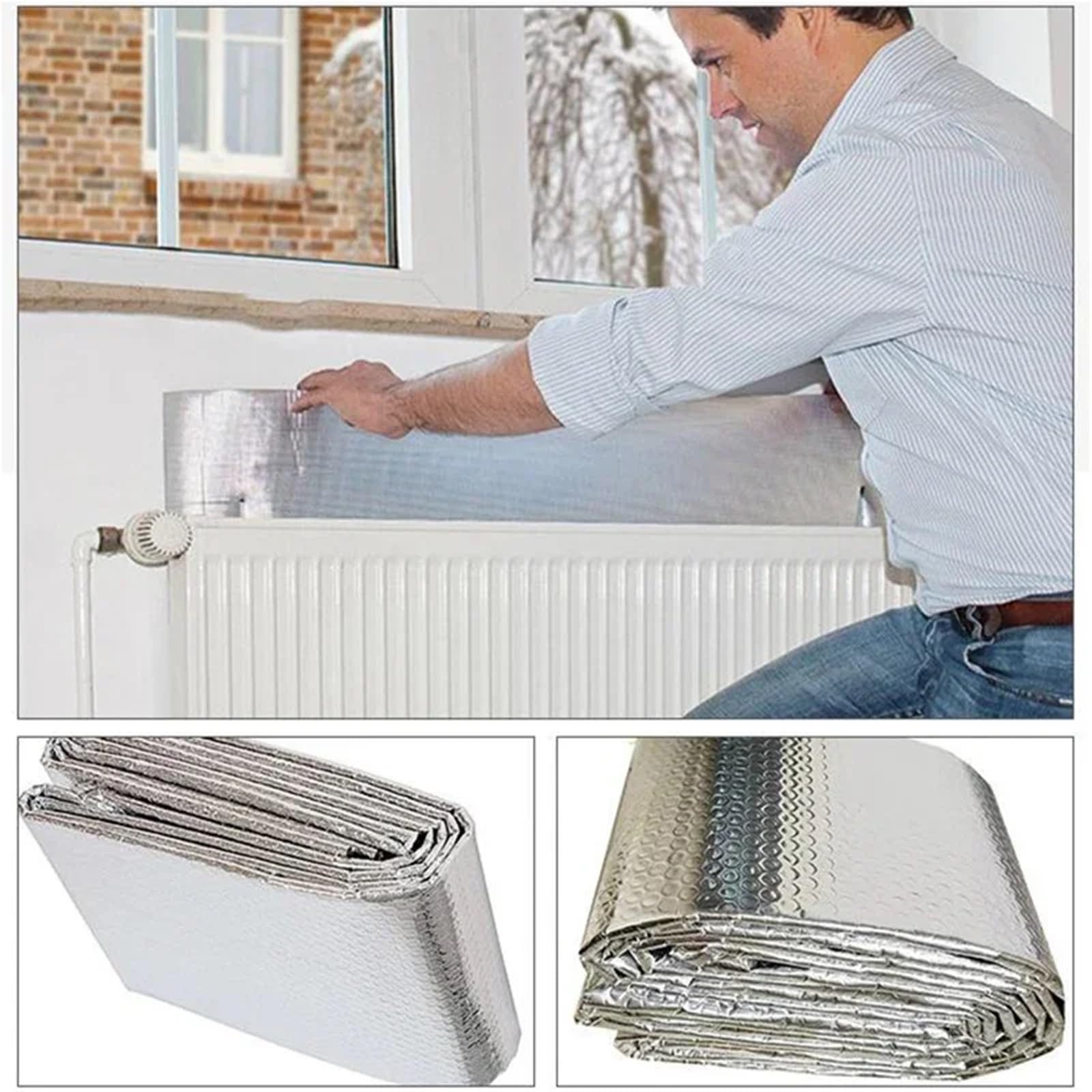 Rollo de Aislante en Hoja Reflector de calor for radiador, lámina trasera reflectante , longitud 5 m, almohadilla película térmica, aluminio con adhesivo térmico, 50 cm x
